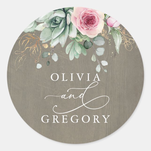 Succulents and Pink Flowers Rustic Wedding Classic Round Sticker (Front)