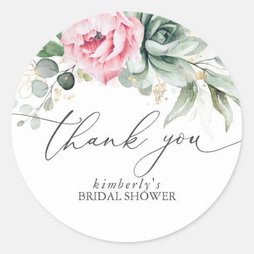 Succulents and Pink Flowers Thank You Classic Round Sticker