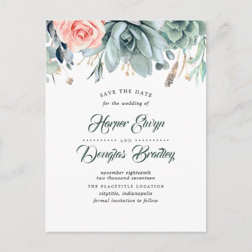 Succulents and Pink Rose Botanical Save the Date Announcement Postcard