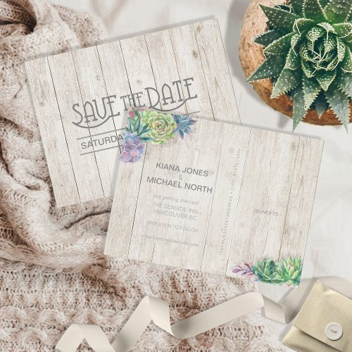 Succulents and Rustic Wood Save the Date ID515 Announcement Postcard