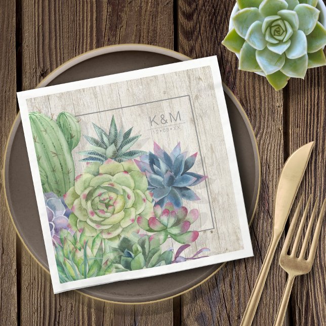 Succulents and Rustic Wood Wedding Border ID515 Napkins (Creator Uploaded)