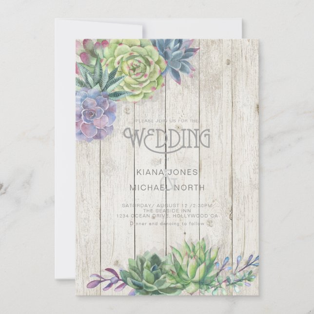 Succulents and Rustic Wood Wedding ID515 Invitation (Front)