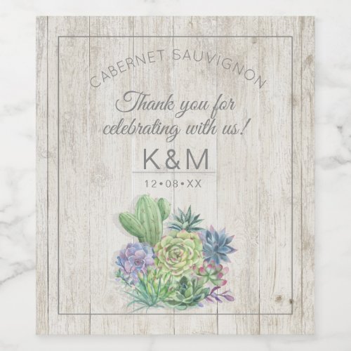 Succulents and Rustic Wood Wedding ID515 Wine Label