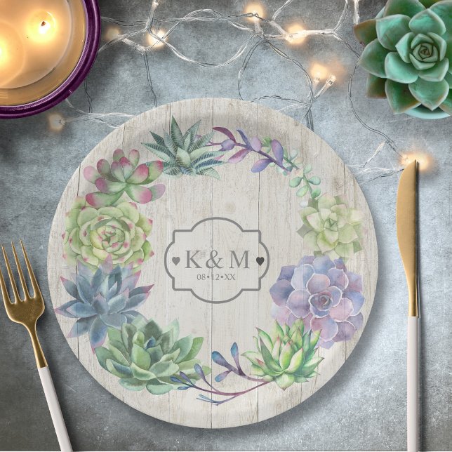 Succulents and Rustic Wood Wedding Wreath ID515 Paper Plates (Creator Uploaded)
