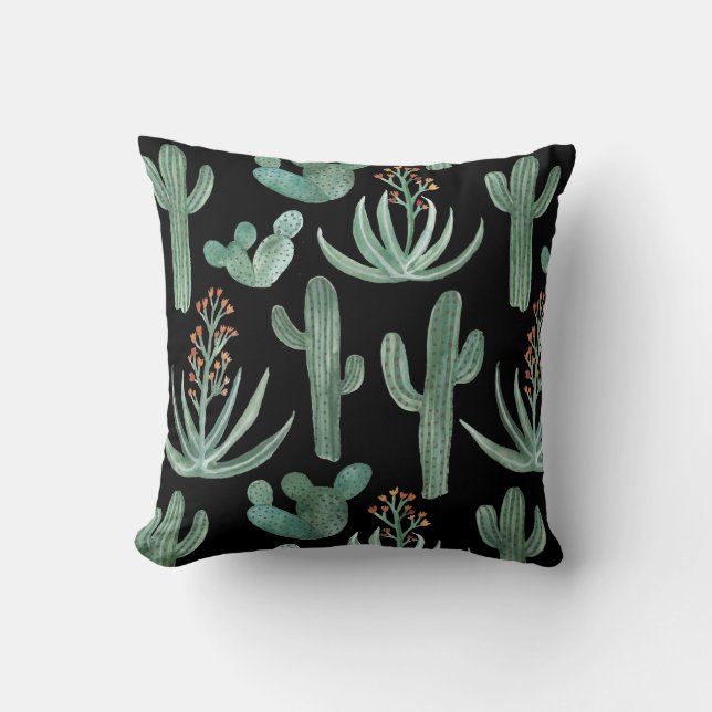 Succulents and saguaro cacti on black background throw pillow (Front)
