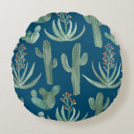 Succulents and saguaro cacti plants on blue round pillow<br><div class="desc">Hand painted succulents and saguaro cactus over this blue background for a cool look. Hope you like them! Check my shop for more colors and patterns!</div>