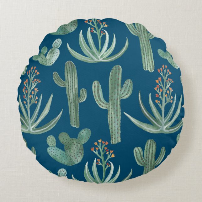 Succulents and saguaro cacti plants on blue round pillow (Front)