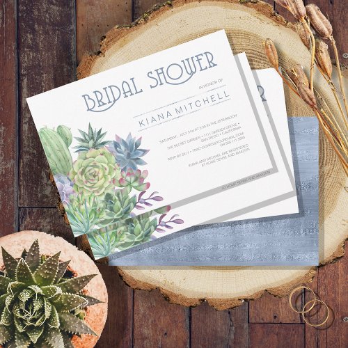 Succulents and Sparkle Bridal Shower Blue ID515 Invitation