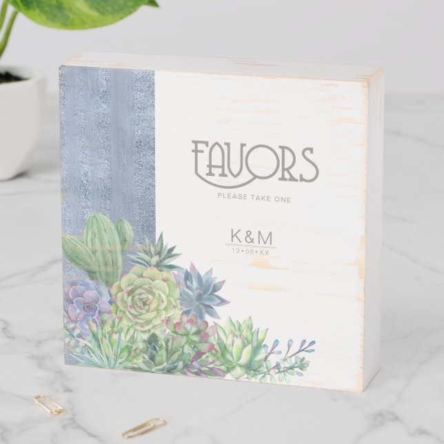 Succulents and Sparkle Favors Blue ID515 Wooden Box Sign (In Situ Horizontal)