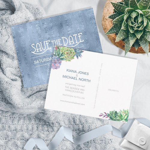 Succulents and Sparkle Save the Date Blue ID515 Announcement Postcard