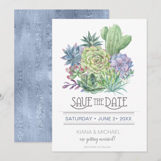 Succulents and Sparkle Save the Date Blue ID515 Invitation (Front/Back)