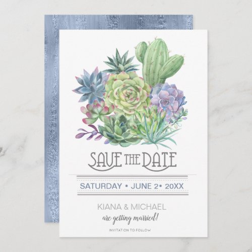 Succulents and Sparkle Save the Date Blue ID515 Invitation