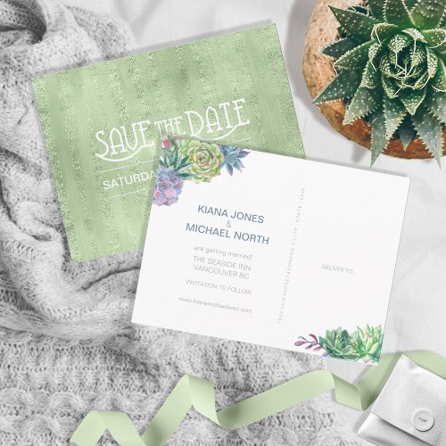 Succulents and Sparkle Save the Date Green ID515 Announcement Postcard