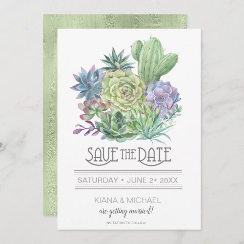 Succulents and Sparkle Save the Date Green ID515 Invitation
