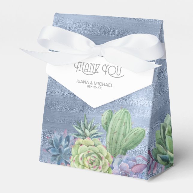Succulents and Sparkle Wedding Blue ID515 Favor Boxes (Front Side)