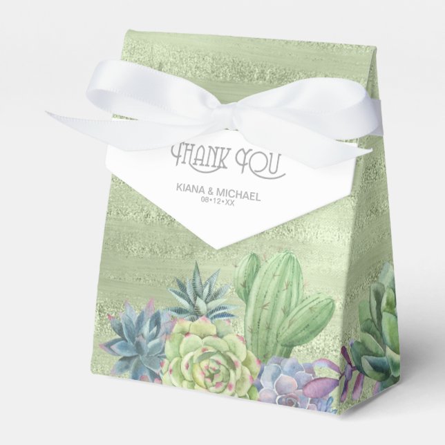 Succulents and Sparkle Wedding Green ID515 Favor Boxes (Front Side)