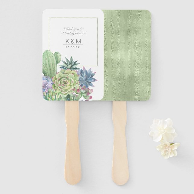 Succulents and Sparkle Wedding Green ID515 Hand Fan (Front and Back)