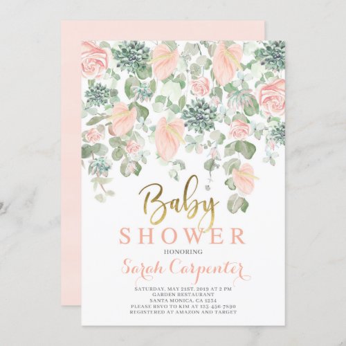 Succulents anthurium floral baby shower girl invitation