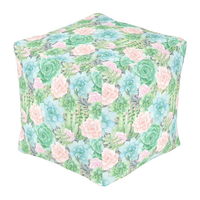 Succulents | Aqua and Peach Colors | Outdoor Pouf (Angled Front)