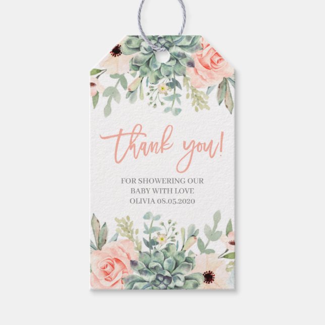 Succulents baby shower girl gift tags (Front)