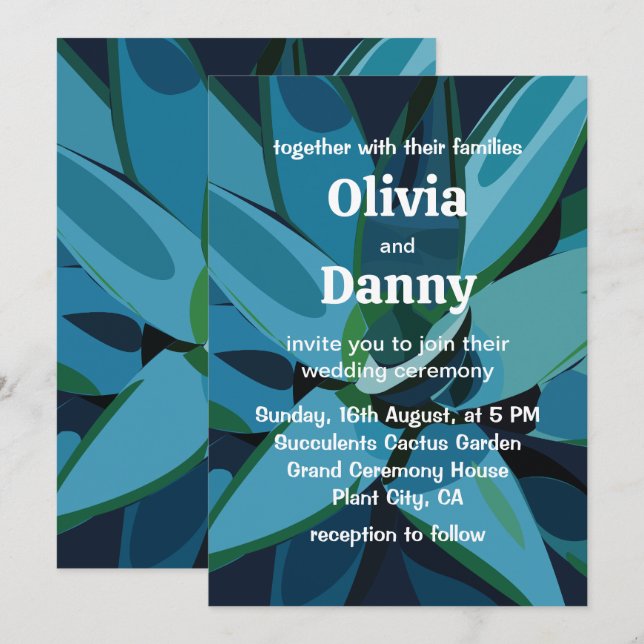 Succulents Blue Agave Cactus Succulents Wedding Invitation (Front/Back)