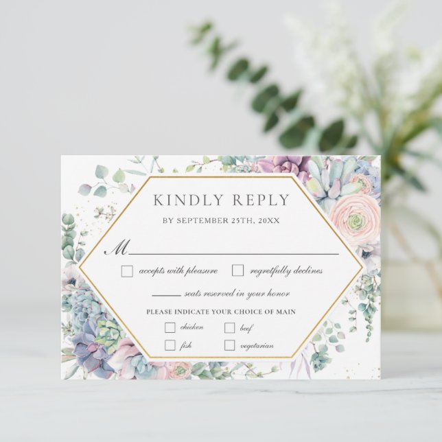 Succulents Blush Floral Greenery Wedding Meal   RSVP Card (Standing Front)