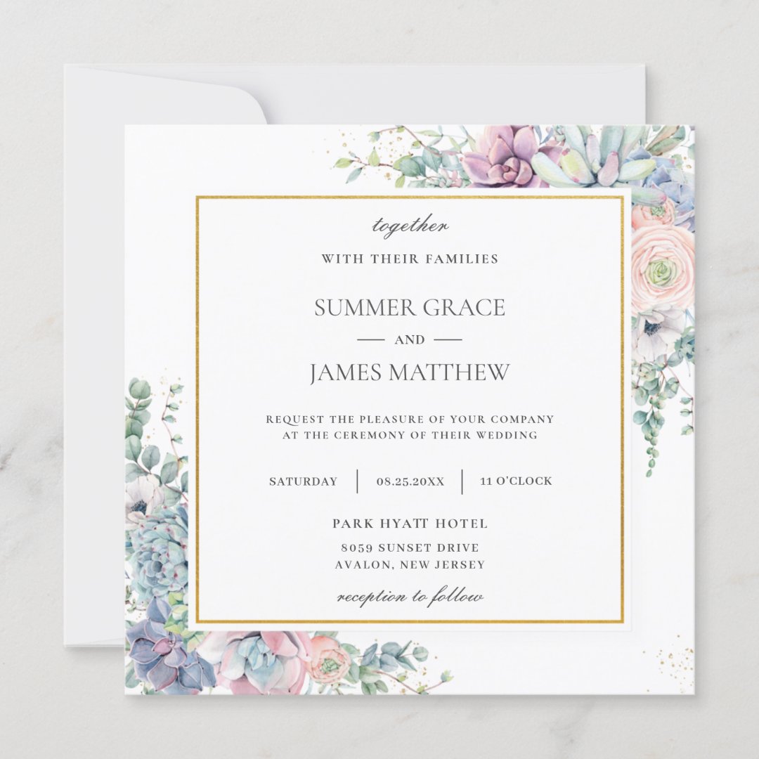 Succulents Blush Floral Greenery Wedding Square Invitation | Zazzle