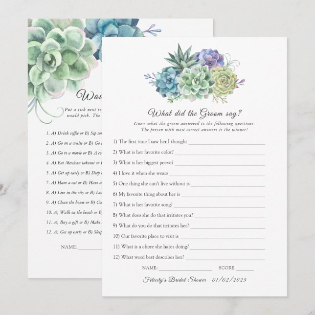 Succulents Bridal Shower Game Invitation (Front/Back)