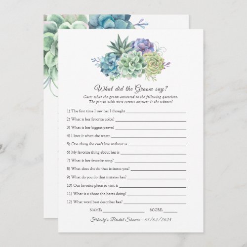 Succulents Bridal Shower Game Invitation