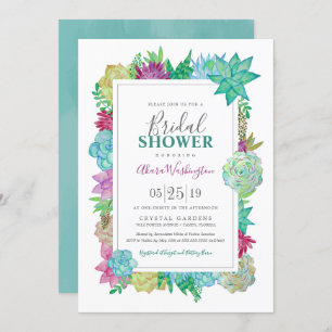 Succulents Bright Watercolor Flowers Bridal Shower Invitation