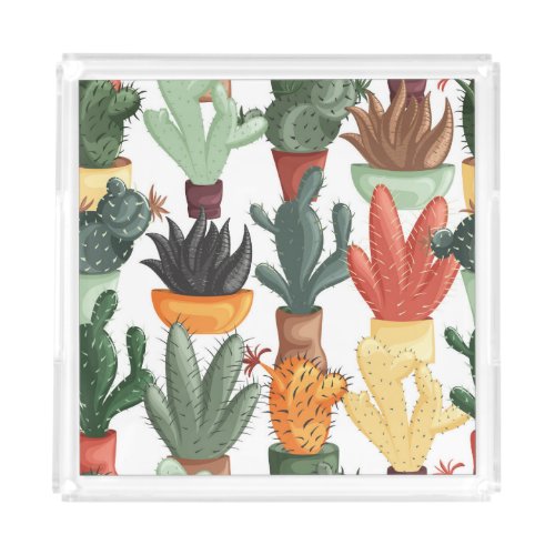 Succulents cactuses cute floral pattern acrylic tray