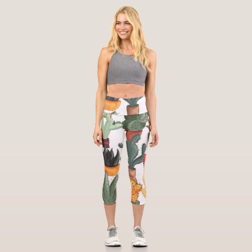 Succulents cactuses cute floral pattern capri leggings