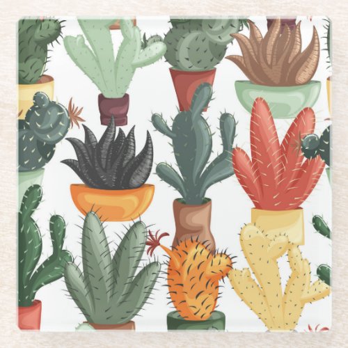Succulents cactuses cute floral pattern glass coaster