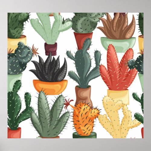 Succulents cactuses cute floral pattern poster