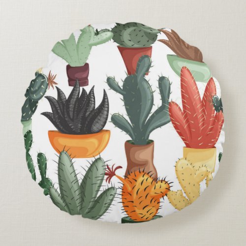 Succulents cactuses cute floral pattern round pillow
