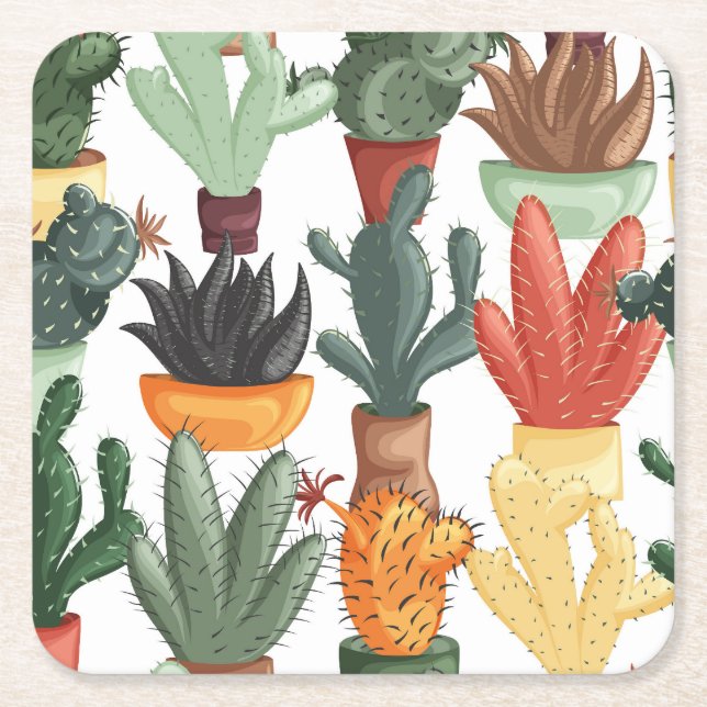Succulents, cactuses: cute floral pattern. square paper coaster (Front)