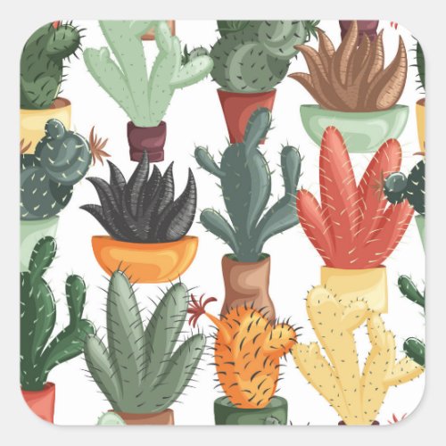 Succulents cactuses cute floral pattern square sticker