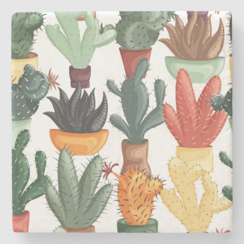 Succulents cactuses cute floral pattern stone coaster