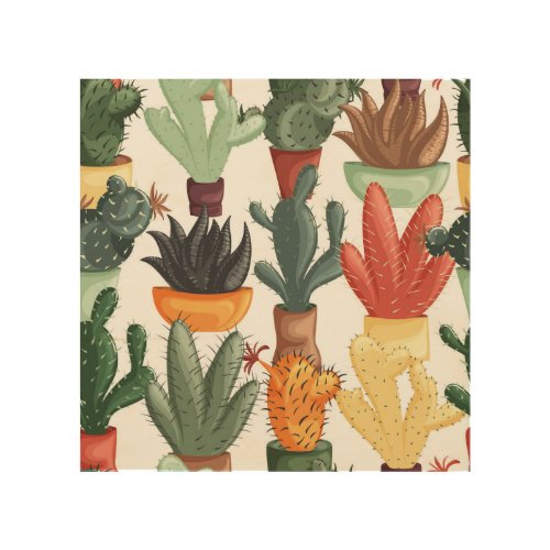 Succulents cactuses cute floral pattern wood wall art