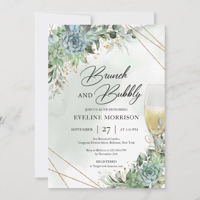 Succulents champagne glass gold brunch and bubbly invitation (Front)