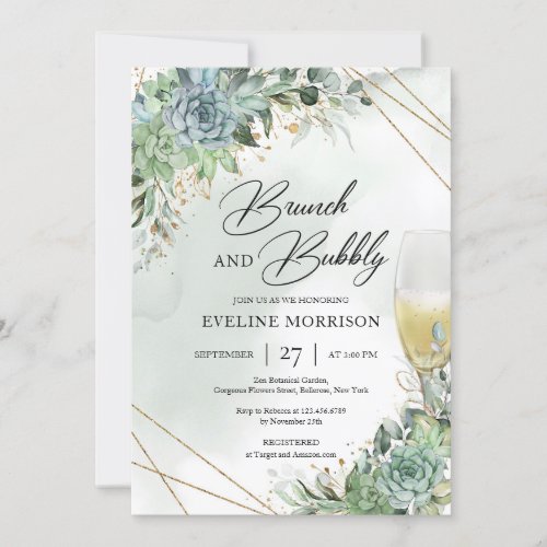 Succulents champagne glass gold brunch and bubbly invitation