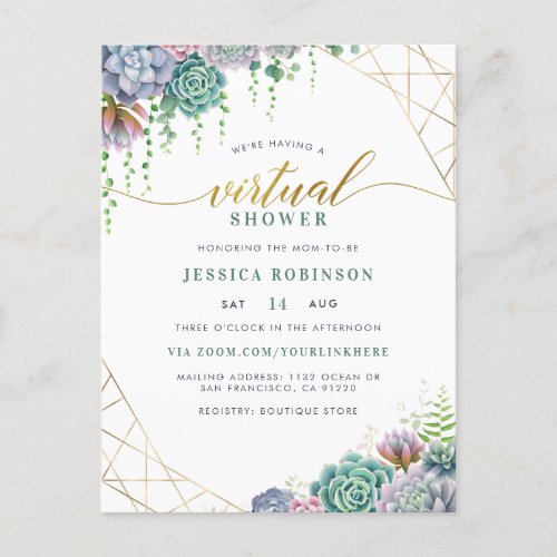 Succulents  Chic Gold Script Virtual Baby Shower Invitation Postcard