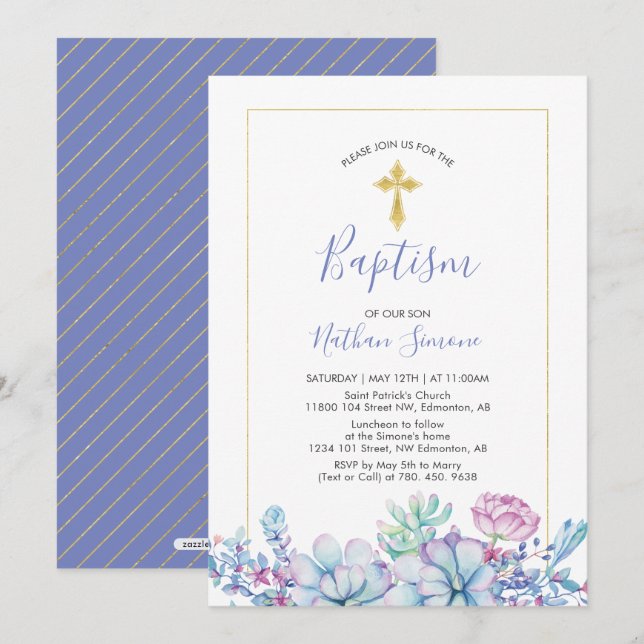 Succulents & Cross |  Boy Baptism, Christening Invitation (Front/Back)