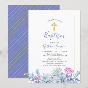 Succulents & Cross    Boy Baptism, Christening Invitation