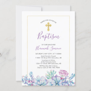 Succulents & Cross Girl Baptism, Christening Invitation