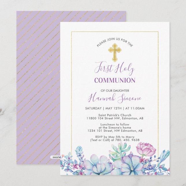 Succulents & Cross | Girl First Holy Communion Invitation (Front/Back)