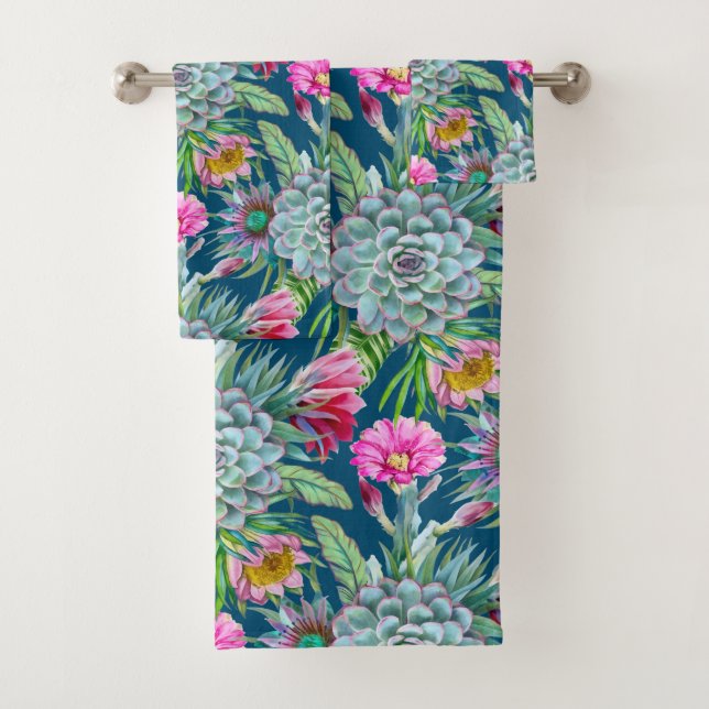 Succulents Echeveria Cactus Flowers Pattern Bath Towel Set (Insitu)