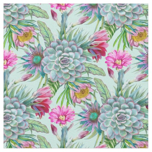 Succulents Echeveria Cactus Flowers Pattern Fabric