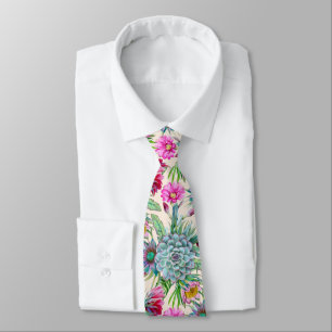 Succulents Echeveria Cactus Flowers Pattern Neck Tie