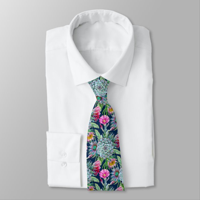 Succulents Echeveria Cactus Flowers Pattern Neck Tie (Tied)